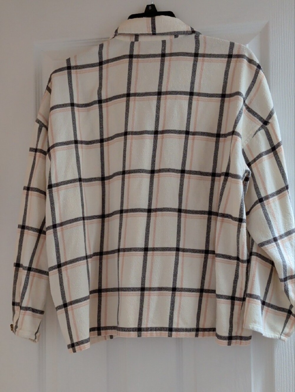 Madewell Flannel Cream Plaid Shirt Jacket with Black and Blush Stripes - Picture 5 of 6